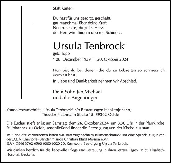 Traueranzeige von Ursula Tenbrock von Die Glocke