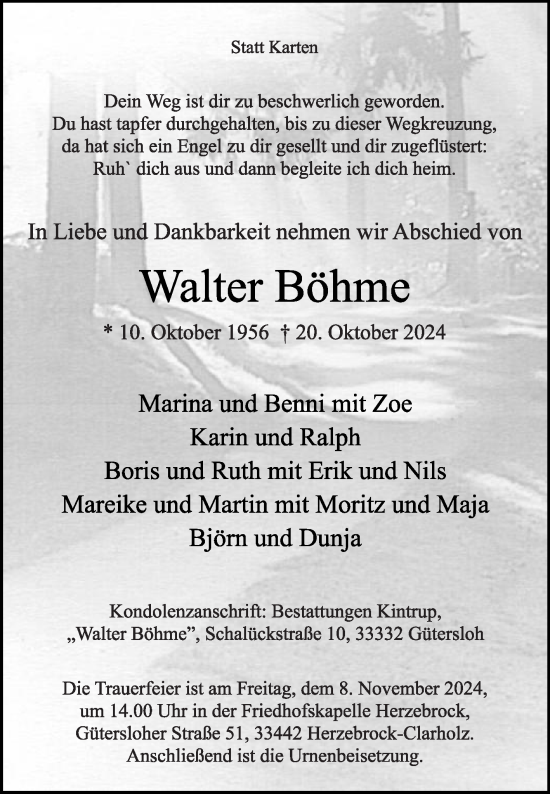 Traueranzeige von Walter Böhme von Die Glocke