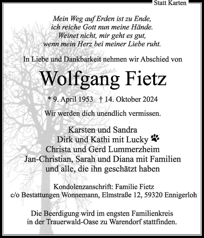  Traueranzeige für Wolfgang Fietz vom 19.10.2024 aus Die Glocke