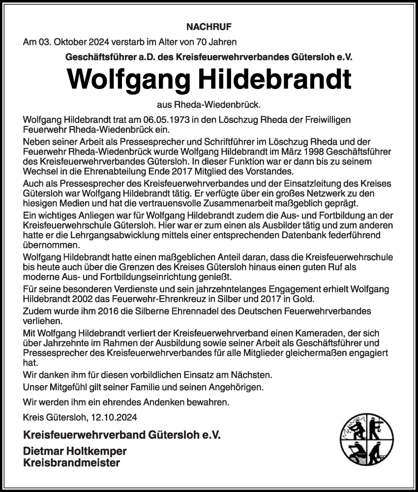  Traueranzeige für Wolfgang Hildebrandt vom 12.10.2024 aus Die Glocke