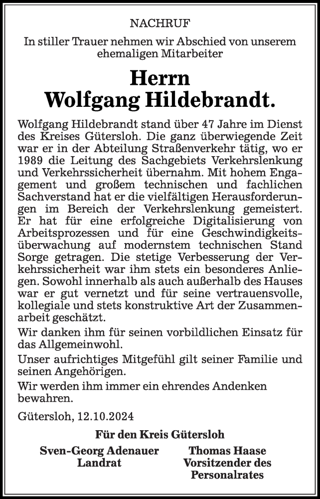  Traueranzeige für Wolfgang Hildebrandt vom 12.10.2024 aus Die Glocke