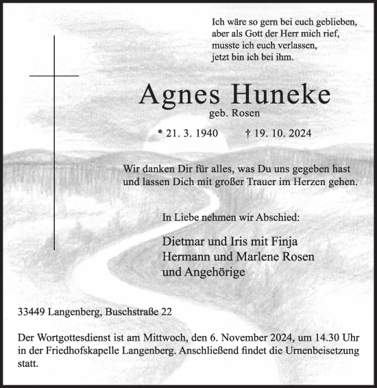 Traueranzeige von Agnes Huneke von Die Glocke