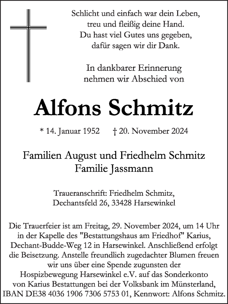  Traueranzeige für Alfons Schmitz vom 23.11.2024 aus Die Glocke