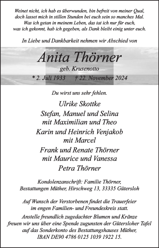 Traueranzeige von Anita Thörner von Die Glocke