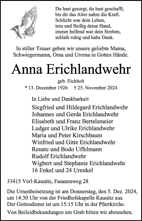 Traueranzeige von Anna Erichlandwehr von Die Glocke