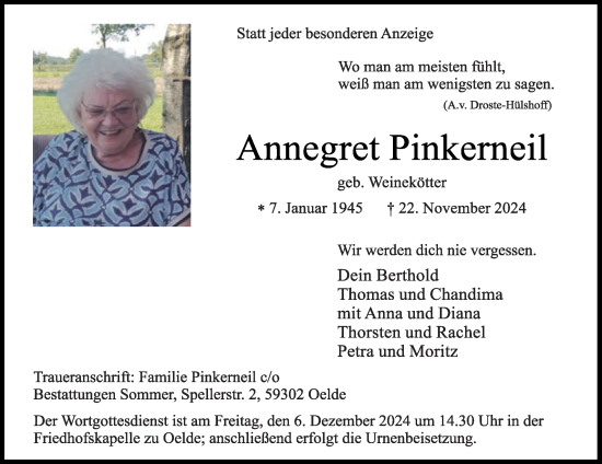 Traueranzeige von Annegret Pinkerneil von Die Glocke