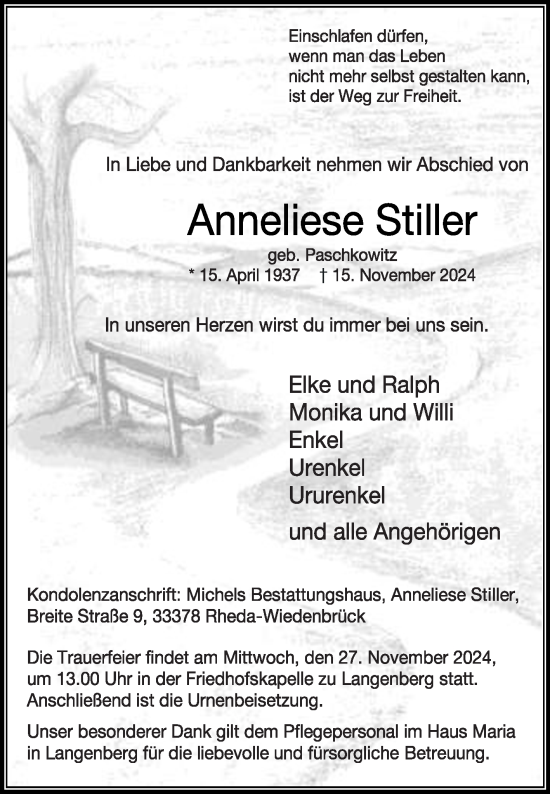 Traueranzeige von Anneliese Stiller von Die Glocke