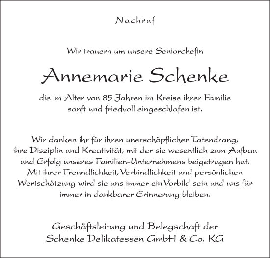 Traueranzeige von Annemarie Schenke von Die Glocke