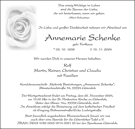 Traueranzeige von Annemarie Schenke von Die Glocke