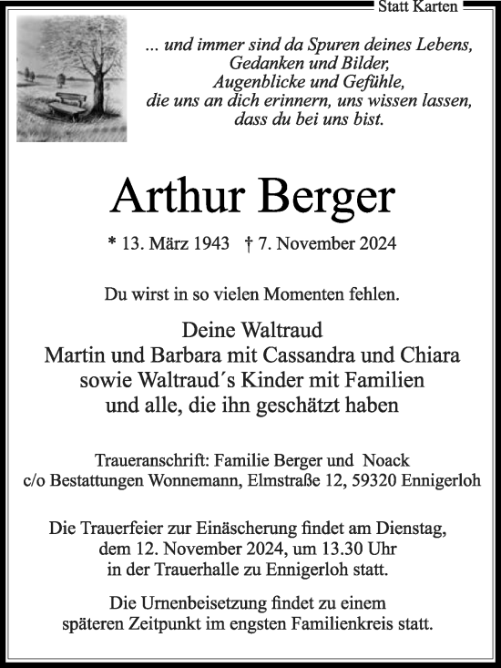 Traueranzeige von Arthur Berger von Die Glocke