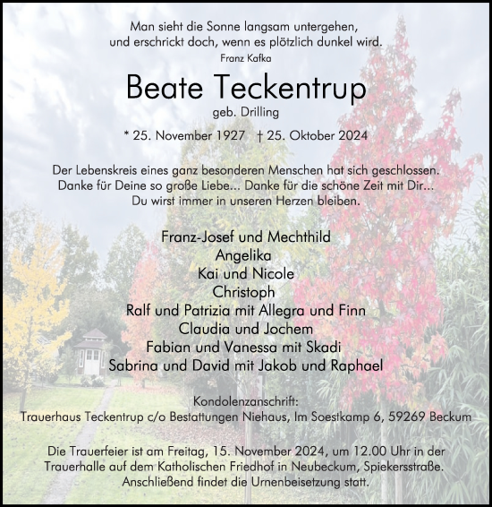 Traueranzeige von Beate Teckentrup von Die Glocke