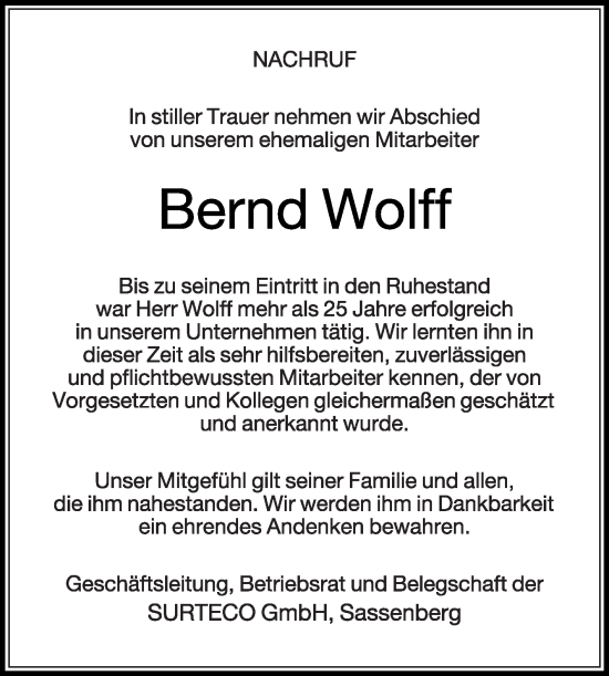 Traueranzeige von Bernd Wolff von Die Glocke