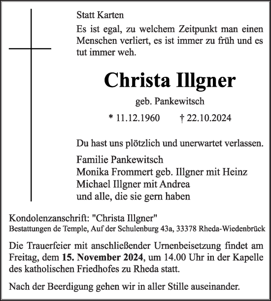 Traueranzeige von Christa Illgner von Die Glocke