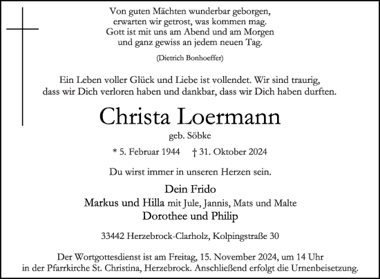 Traueranzeige von Christa Loermann von Die Glocke