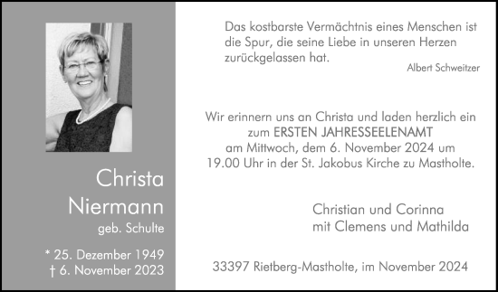 Traueranzeige von Christa Niermann von Die Glocke