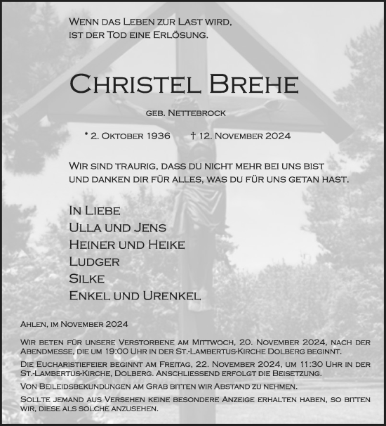 Traueranzeige von Christel Brehe von Die Glocke