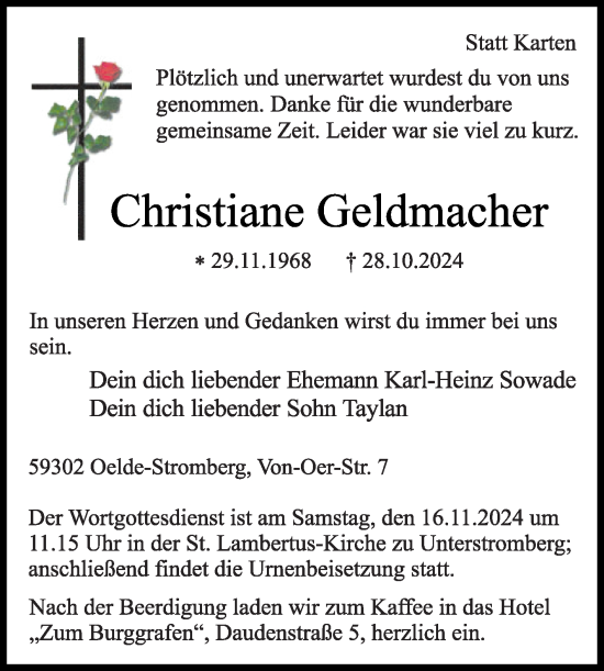 Traueranzeige von Christiane Geldmacher von Die Glocke