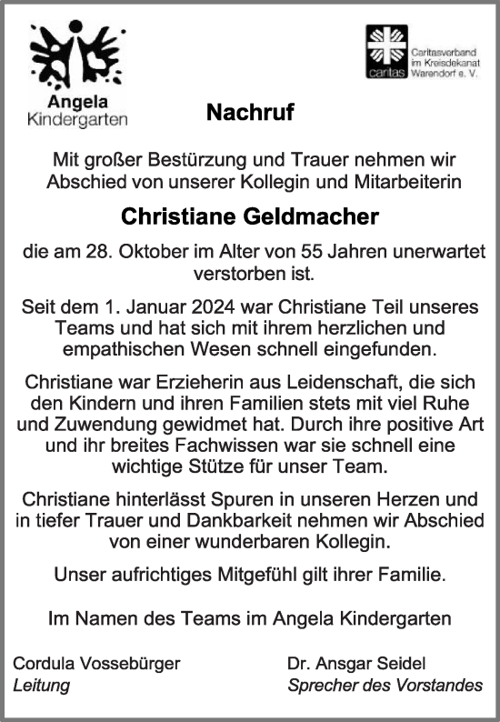 Traueranzeige von Christiane Geldmacher von Die Glocke