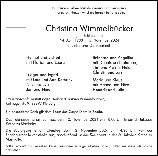 Traueranzeige von Christina Wimmelbücker von Die Glocke