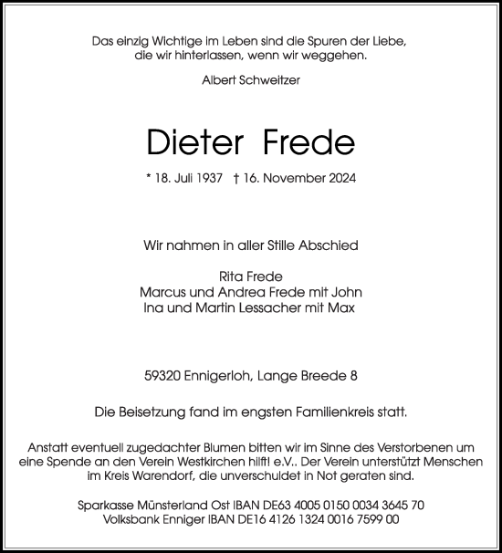 Traueranzeige von Dieter Frede von Die Glocke