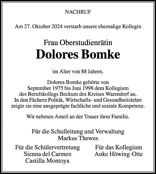 Traueranzeige von Dolores Bomke von Die Glocke