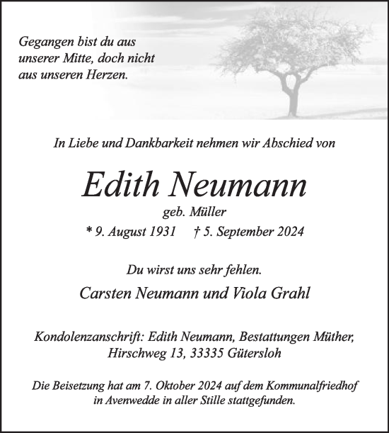 Traueranzeige von Edith Neumann von Die Glocke