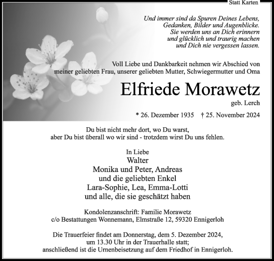 Traueranzeige von Elfriede Morawetz von Die Glocke