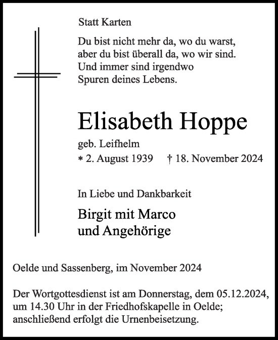 Traueranzeige von Elisabeth Hoppe von Die Glocke