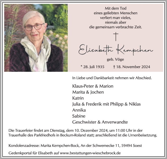 Traueranzeige von Elisabeth Kempchen von Die Glocke