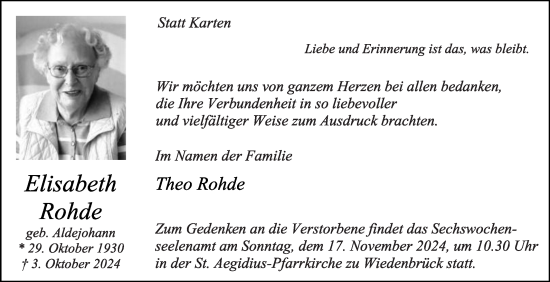 Traueranzeige von Elisabeth Rohde von Die Glocke