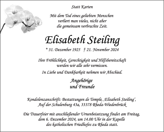 Traueranzeige von Elisabeth Steiling von Die Glocke