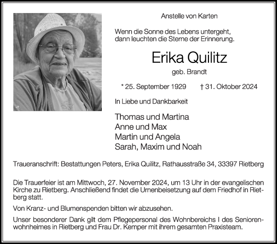 Traueranzeige von Erika Quilitz von Die Glocke