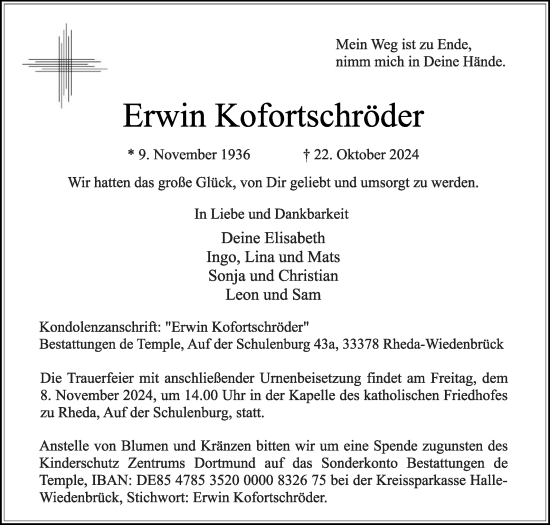 Traueranzeige von Erwin Kofortschröder von Die Glocke