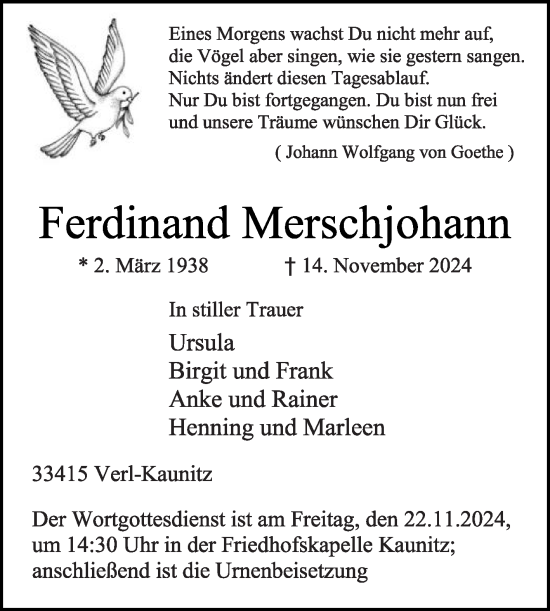 Traueranzeige von Ferdinand Merschjohann von Die Glocke