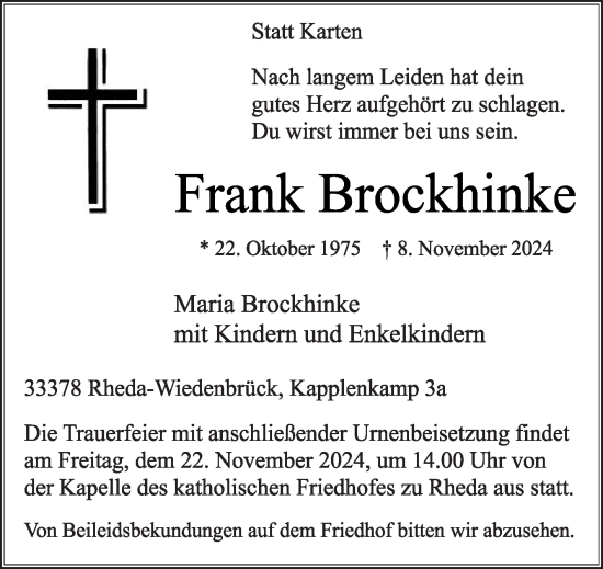 Traueranzeige von Frank Brockhinke von Die Glocke