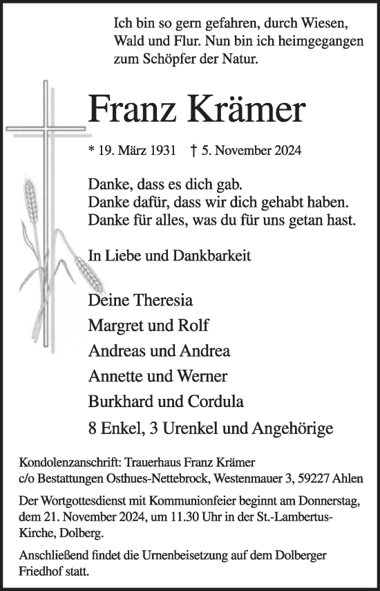 Traueranzeige von Franz Krämer von Die Glocke