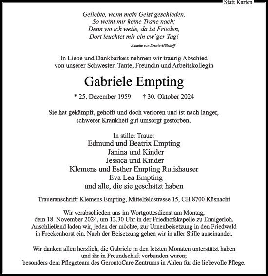 Traueranzeige von Gabriele Empting von Die Glocke