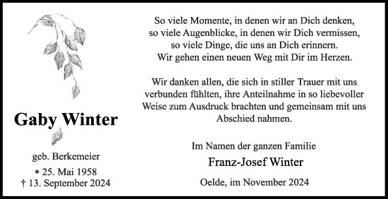 Traueranzeige von Gaby Winter von Die Glocke