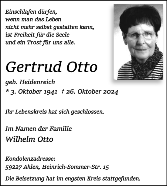 Traueranzeige von Gertrud Otto von Die Glocke