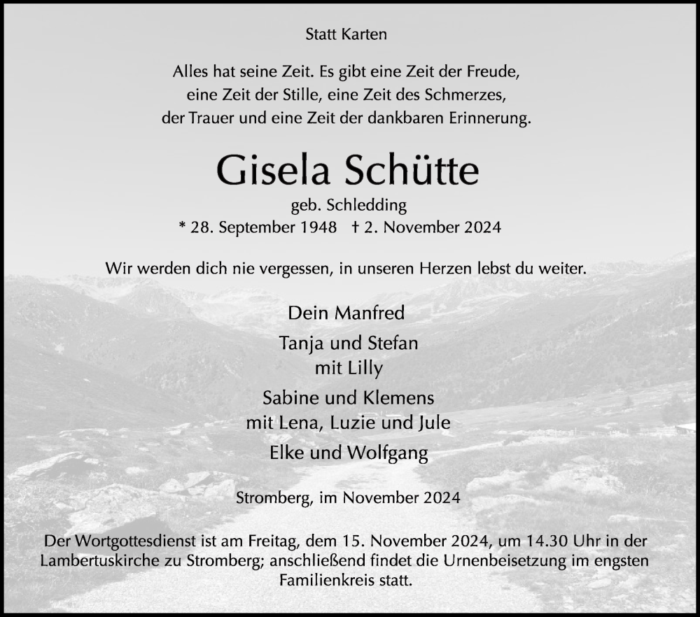  Traueranzeige für Gisela Schütte vom 09.11.2024 aus Die Glocke