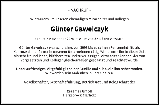 Traueranzeige von Günter Gawelczyk von Die Glocke