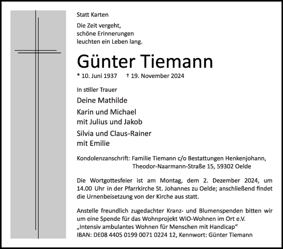 Traueranzeige von Günter Tiemann von Die Glocke