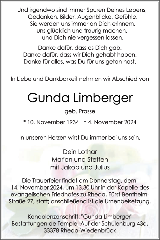 Traueranzeige von Gunda Limberger von Die Glocke