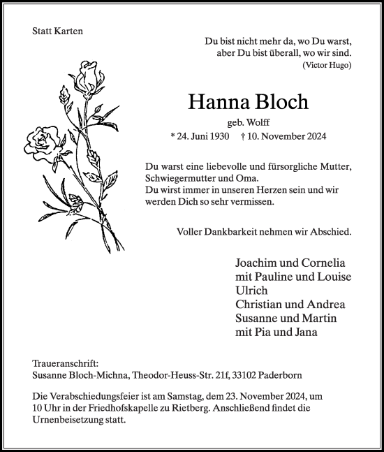 Traueranzeige von Hanna Bloch von Die Glocke