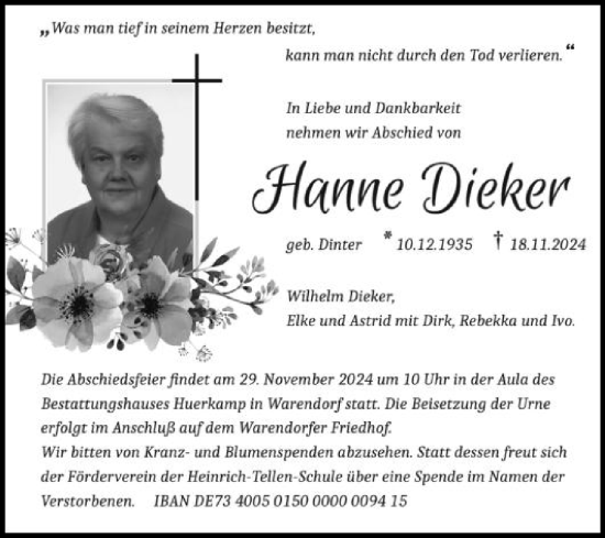 Traueranzeige von Hanne Dieker von Die Glocke