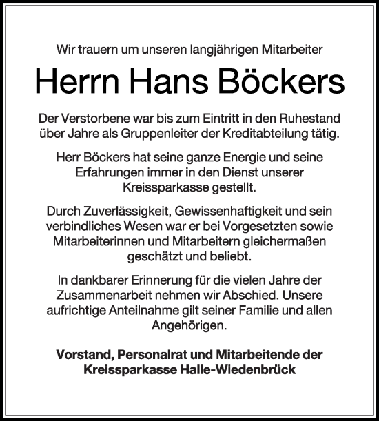 Traueranzeige von Hans Böckers von Die Glocke