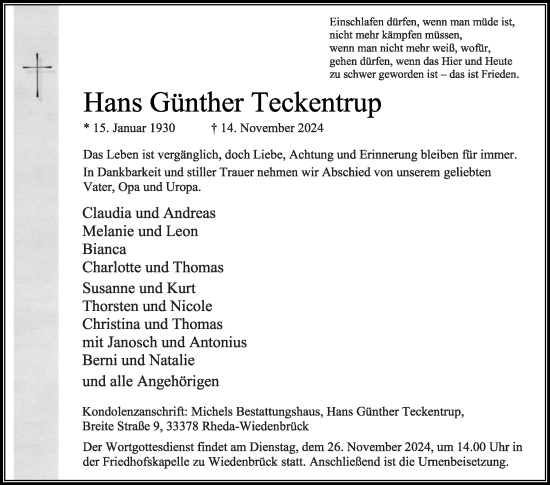 Traueranzeige von Hans Günther Teckentrup von Die Glocke