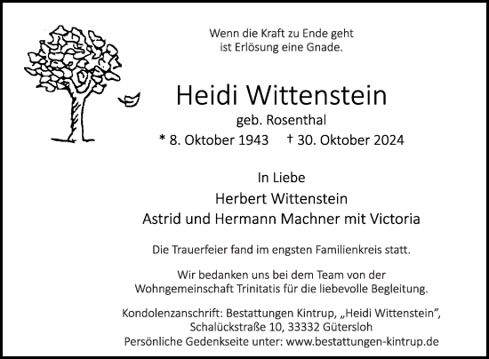 Traueranzeige von Heidi Wittenstein von Die Glocke