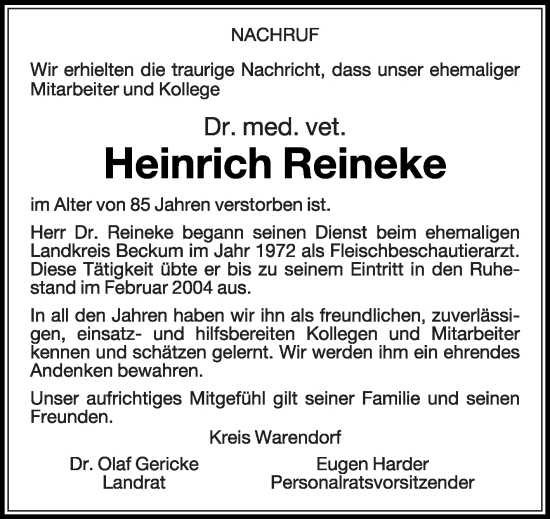 Traueranzeige von Heinrich Reineke von Die Glocke