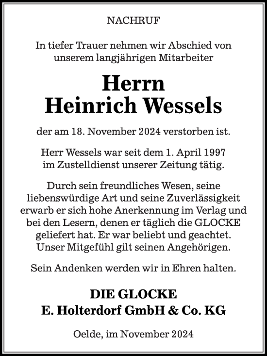 Traueranzeige von Heinrich Wessels von Die Glocke